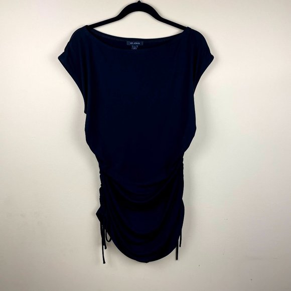 St. John Black Short Sleeve Tunic Cinched Blouse L - Picture 1 of 7